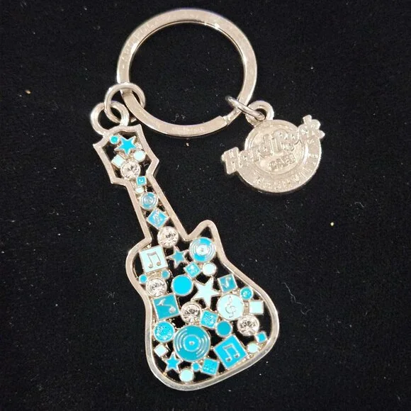 Hard Rock Cafe Nashville Guitar Keychain With Blue & Silver Musical Notes Design