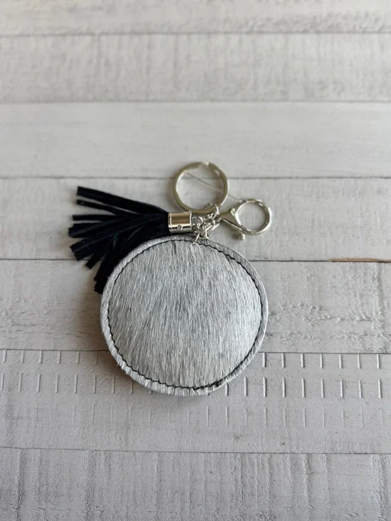 Western Round Grey Cowhide Keychain with Black Tassel