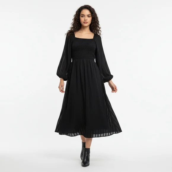 Madewell Black Square Neck Smocked Midi Dress - Medium