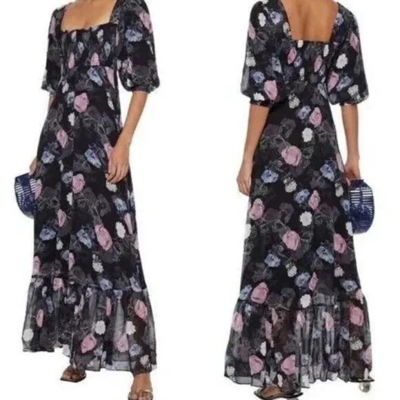 NICHOLAS reformation selkie long sleeve Black Floral rose Silk Maxi Dress xs 0 2