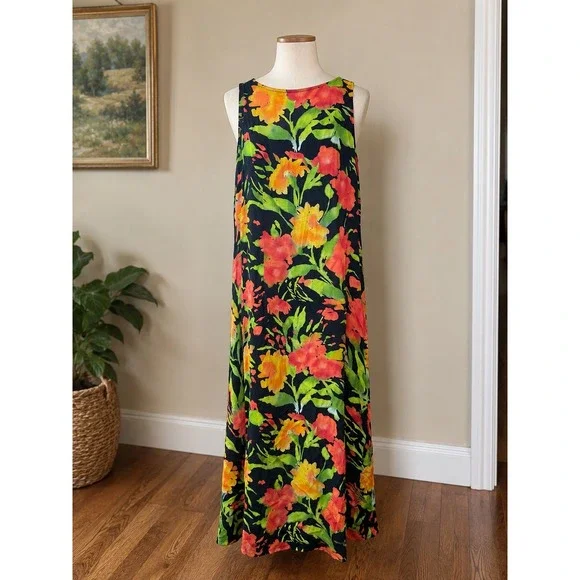 Tropical Floral Sleeveless Wrap Maxi Dress Black Orange Green Resort