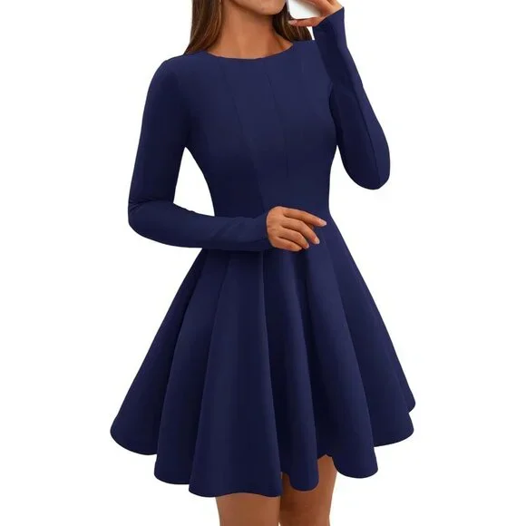 Women Navy High Waist Pleated Flowy A Line Long Sleeve Casual Fall Dress