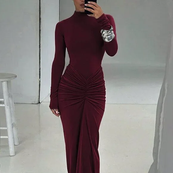Burgundy Elegant Women's Fitted Crew Neck Long Sleeve Ruffle Hem Dress