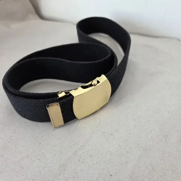 Navy Blue Ratchet Slide Belt Gold Hardware Fabric Adjustable Unisex Military