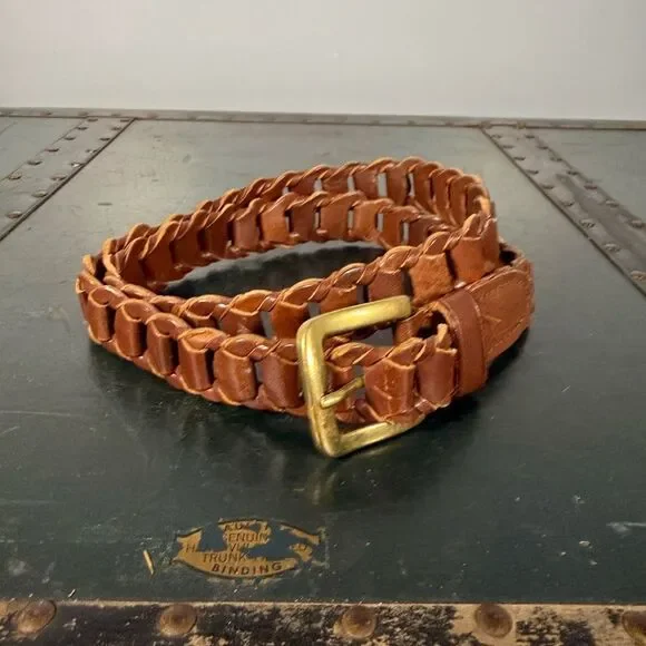 Vintage Brown Leather Woven Belt Solid Brass Buckle Unisex Size S/M