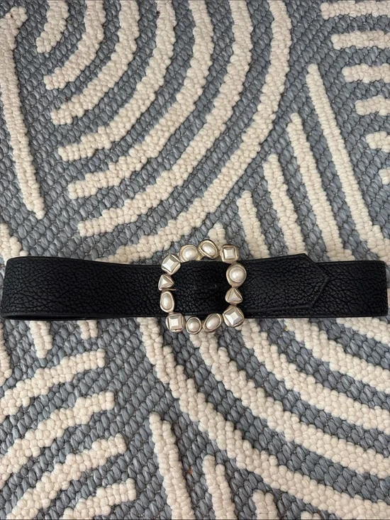 Vintage Ali Miles Statement Belt Faux Pearl Geometric Buckle Black Waist Belt