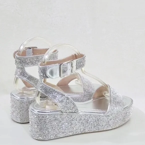 - Flashy Silver Ankle Strap Sparkling Rhinestone Wedge 2
