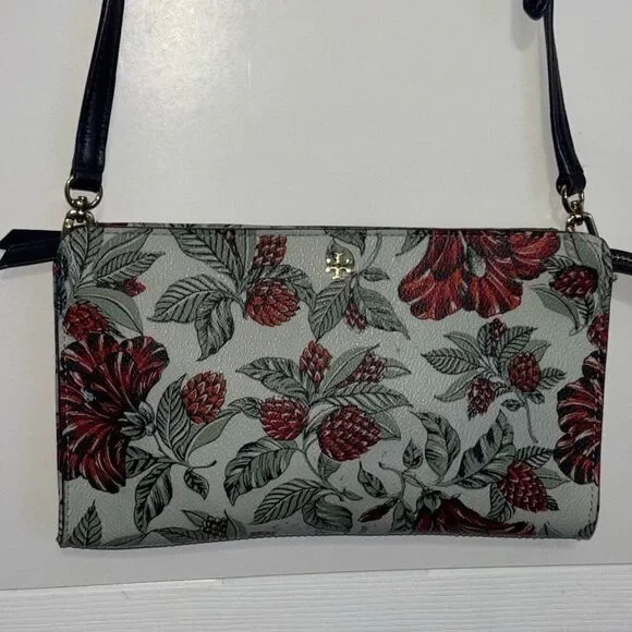 Tory Burch Kerrington navy green red Evergreen floral crossbody purse bag