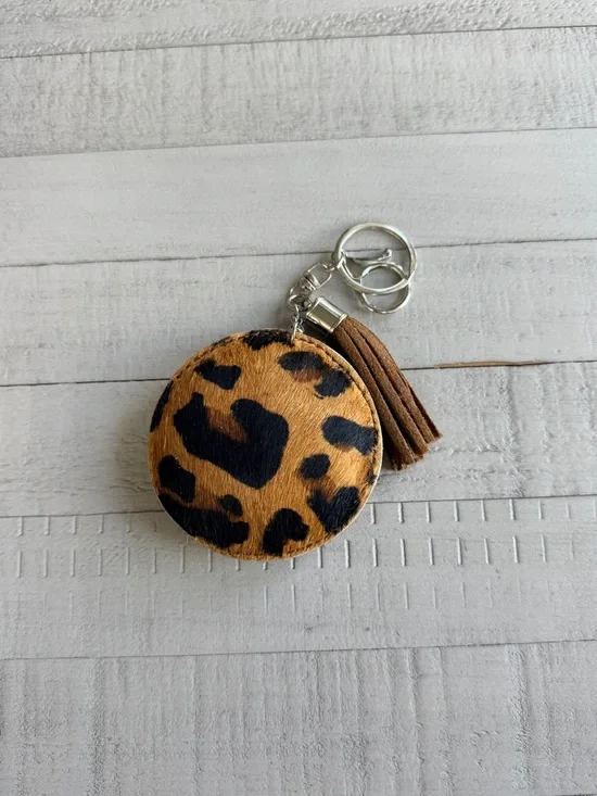 Leopard Print Round Cowhide Keychain with Tassel - Brown/Black
