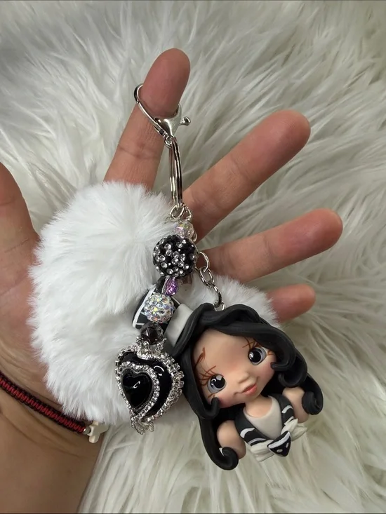 Skeleton Jack Girl Cute Black & White w/ Pom Pom Keychain