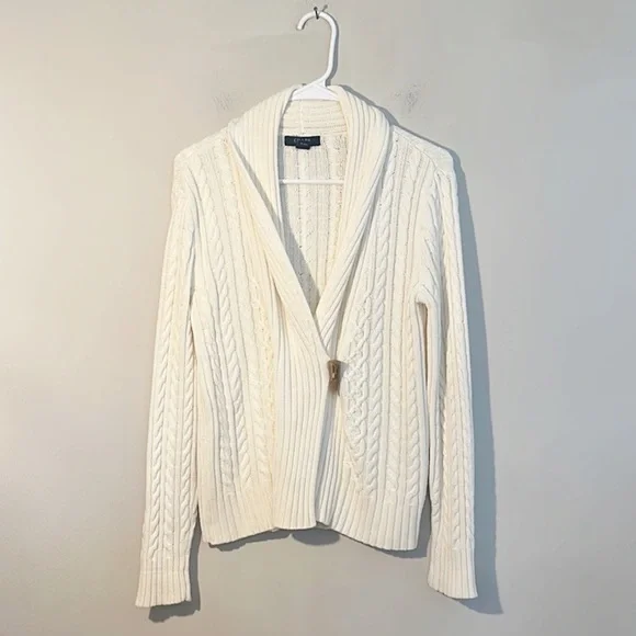 CHAPS by Ralph Lauren Cream Cotton Cable knit toggle sweater women size Small