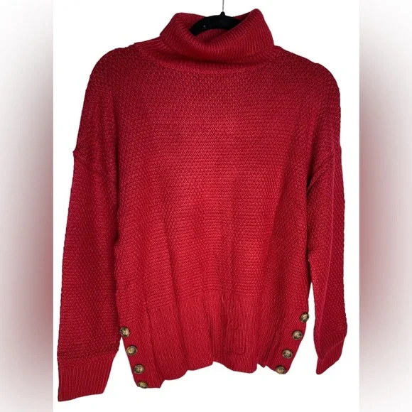 Women's Red Wine Turtleneck Sweater Chunky Knit Long Sleeve pullover Loose Small