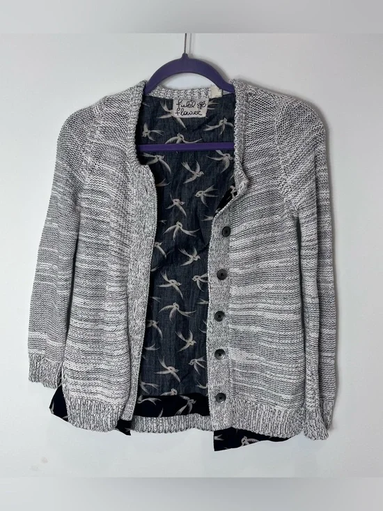 ANTHROPOLOGIE FIELD FLOWER Bird Cardigan Sweater Marled Gray Button-Front XS