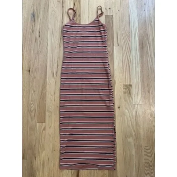 Wild Fable Ribbed Bodycon Midi Dress Pink Terracotta Striped Small