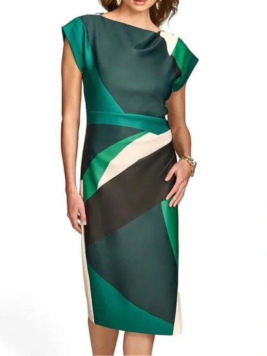 Donna Karen SHORT SLEEVE COLOR-BLOCK MIDI SHEATH DRESS GREEN SCUBA KNIT NWT SZ 2