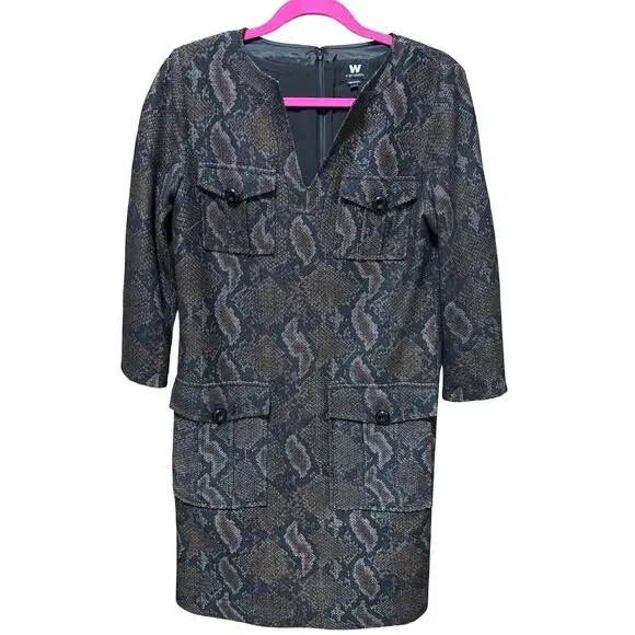 W by Worth Deep Coco Brown Snakeskin Print V-Neck Shift Dress – Size 6