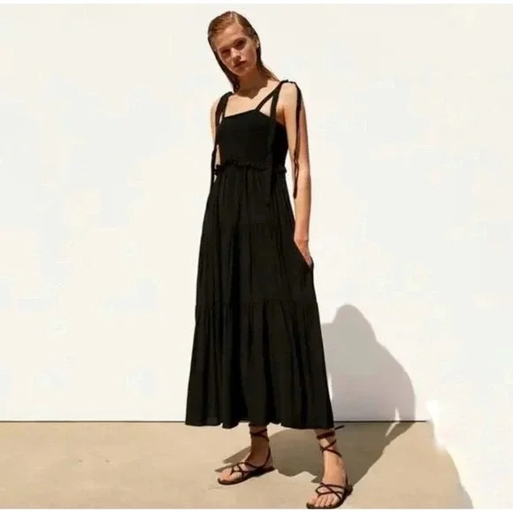 Zara Black Smocked Tiered Maxi Dress Square Neck Tie Straps Size L Boho
