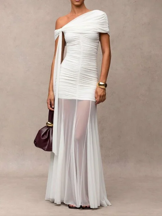 White Elegant Women's Minimalist Asymmetrical Shoulder  Formal Dress