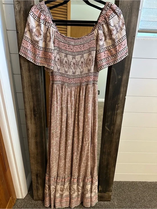 Bohme Pink Floral Smocked Maxi Dress Small Cottagecore Boho Prairie Fairycore