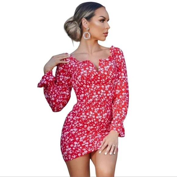 Parisian Ditsy Floral Mini Dress Bardot Off Shoulder Notch V Neck Size US 6