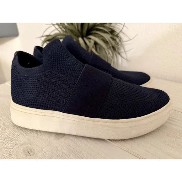 Eileen Fisher Platform Sneakers Women Size 8.5 Navy Stretch Knit‎ Fit Pari Mesh
