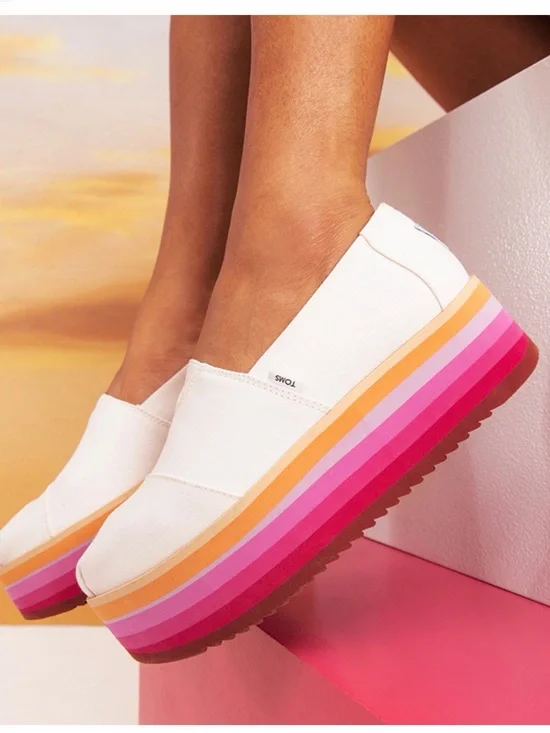 TOMS White Canvas Slip-On Platforms with Pink and Orange Gradient Sole