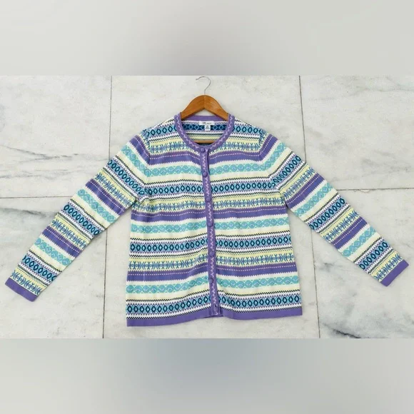 The Tog Shop Cardigan Sweater Fair Isle Purple Ivory Sequin Knit Women M Holiday