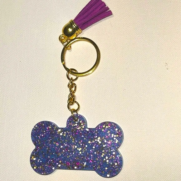Dog-bone resin glitter‎ keychain with tassel