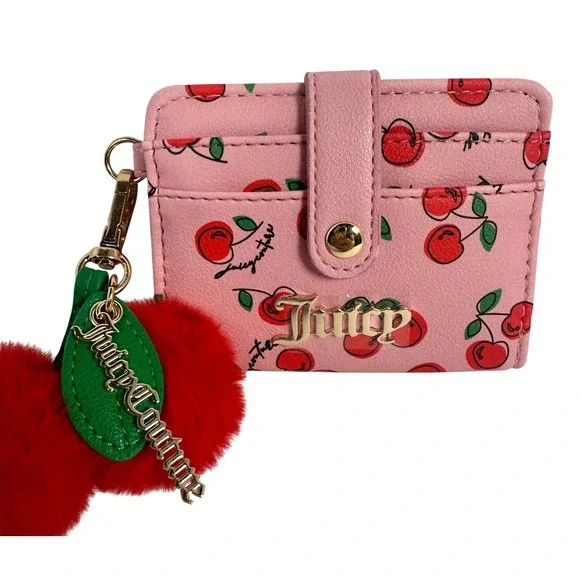 Juicy Couture Card Case Wallet Womens Pink Cherry Print Pom Keychain Excellent