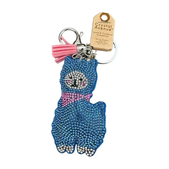 Blue‎ Rhinestone Llama Keychain with Pink Tassel