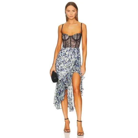 Katie May Take A Sip Ruffle Corset Dress Cocktail Party Boho Indigo Spot Size M