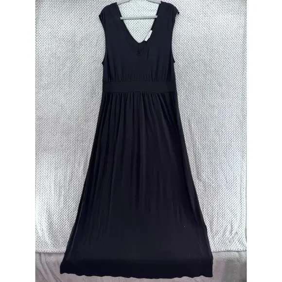 LOFT Dress Womens XL Black A-Line Maxi Sleeveless V-Neck Smocked Waist Vacation