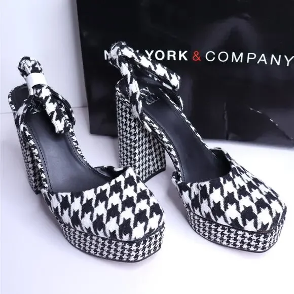 NEW YORK & COMPANY Laylani Houndstooth Heeled Platform Sandals NIB Women's 7.5