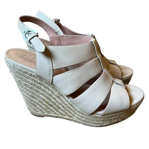 Saks Fifth Avenue Leather Cream‎ Platform Shoes Espadrille Sandals Strappy 10