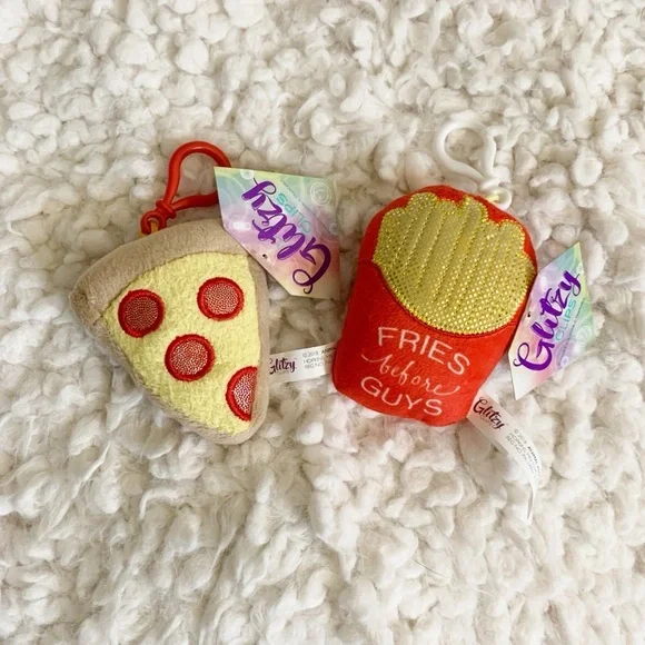 Glitzy Clips New Pizza 🍕 and Fries 🍟 Plush Key Chain Purse Charm Set Red Yellow