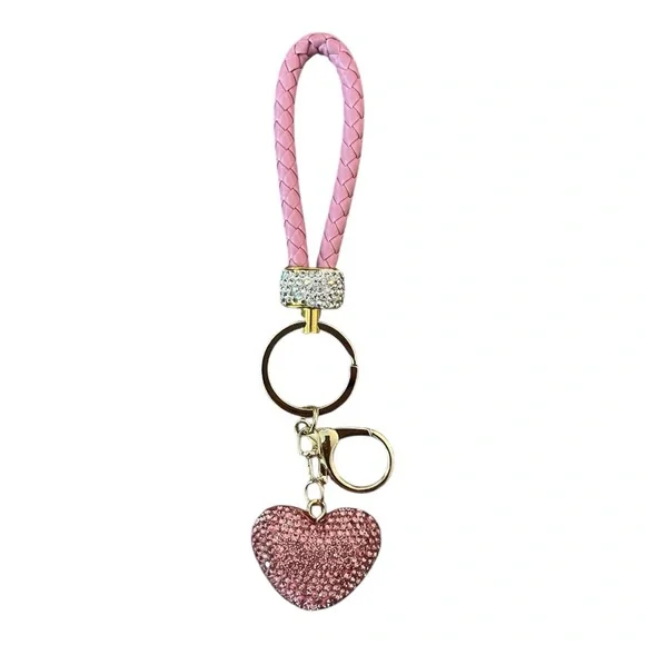 NEW Pink Heart Crystal Rhinestone Bling Car Keychain with Gold Accents