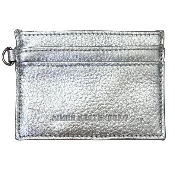 Aimee Kestenberg Silver Metallic Pebbled Leather Card Holder Wallet D-Ring