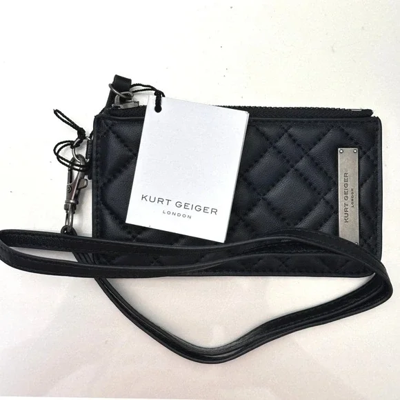 Kurt Geiger London Quilted Card Case Wallet with Lanyard Strap Black Minimalist