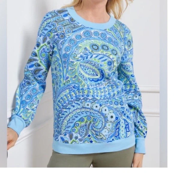 Talbots Blouson Sleeve Crewneck  Sweatshirt Perkey Paisley Large Blue  Pullover