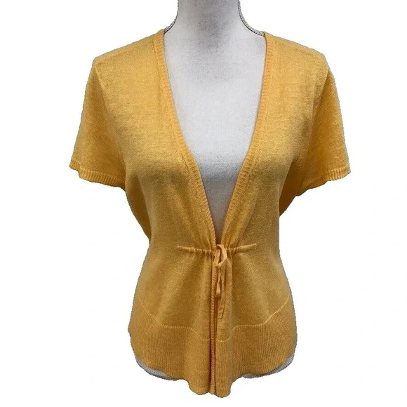 Eileen Fisher Linen Cardigan Sweater Jumper Womens Medium Yellow Lagenlook Basic