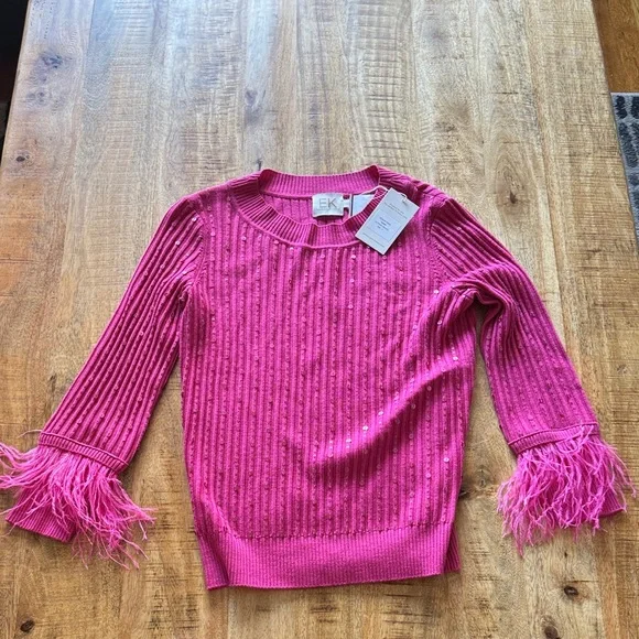 EK Edinburgh Knitwear 100% wool Pink Feather Trim Sweater with sequins NWT NEW