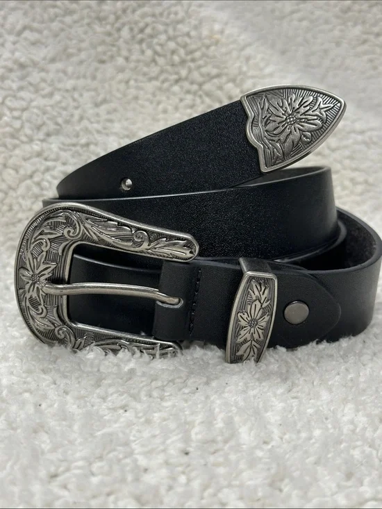 Ssumday Black Western Leather (?)   Belt Engraved Silver Cowgirl Buckle XL
