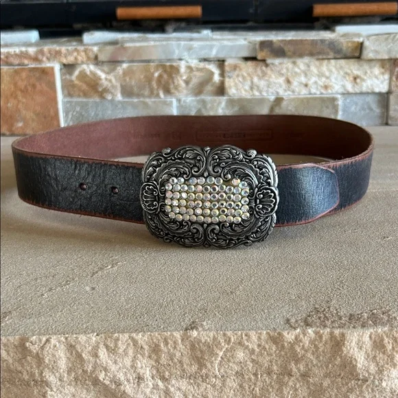 Fossil Black Leather Belt with Silver and White Buckle