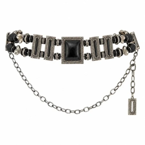 Chicos Silver Tone Black Resin Statement Chain Belt Boho Southwestern