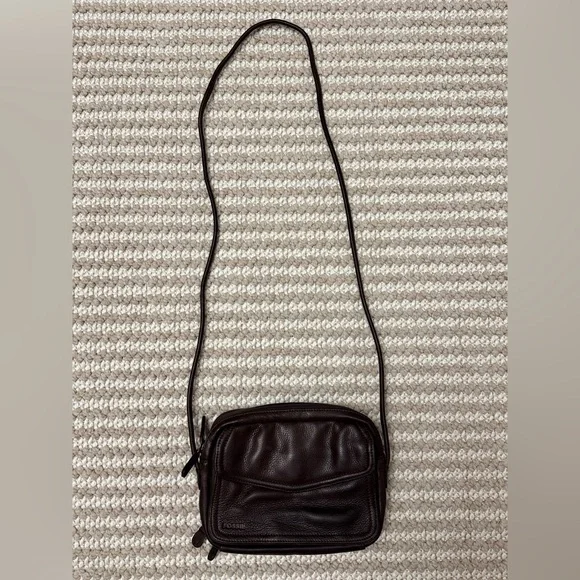 Rare Vintage FOSSIL Dark Coffee Brown Leather Compact Crossbody Organizer Retro