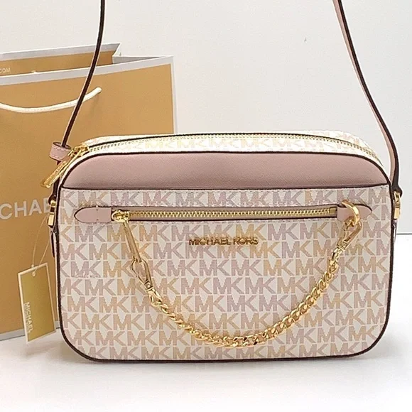 MICHAEL KORS LARGE EAST WEST ZIP CHAIN XBODY OPTIC WHITE ROSE GOLD COLOR