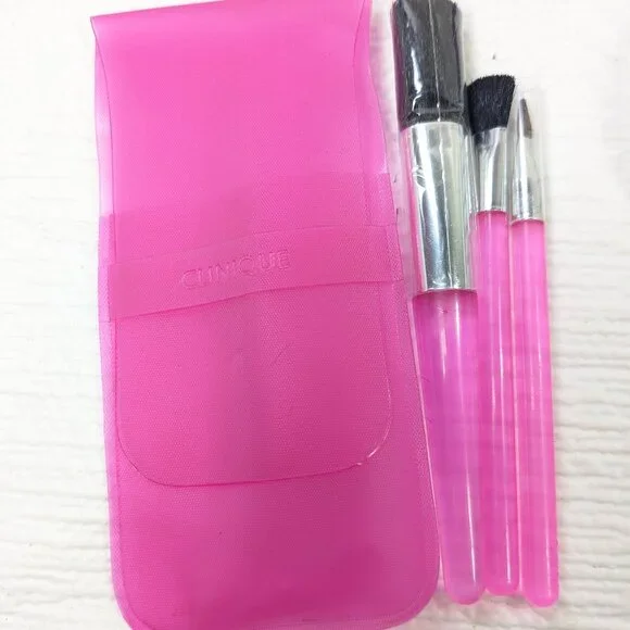 NEW CLINIQUE travel makeup brush‎ set translucent pink mini brushes plastic case