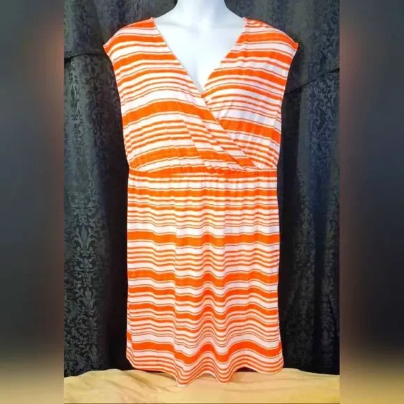 NEW Sonoma Dress Womens 1X Plus Size Orange & White Striped Sleeveless Vneck