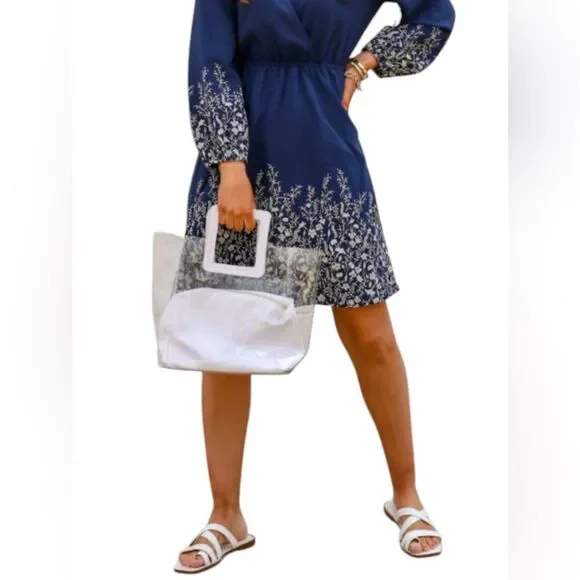 Old Navy Womens Navy Floral Peasant Dress V Neck Long Sleeves Blue Boho Size M