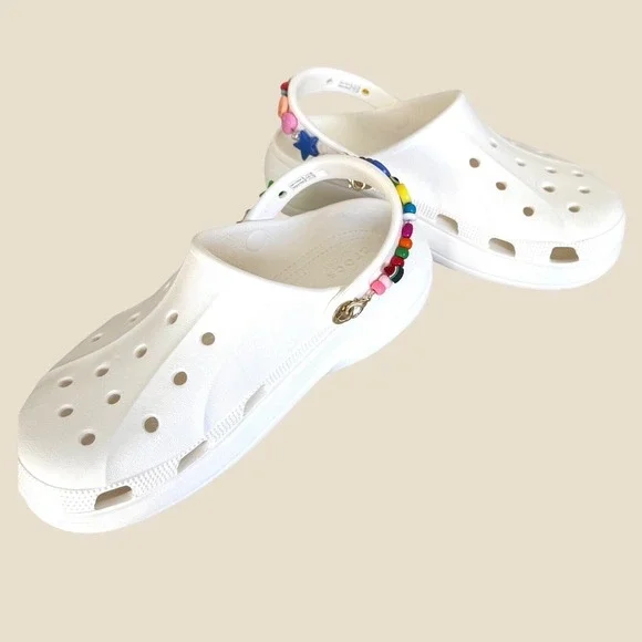Crocs Classic Platform Clog White Rainbow Beaded Strap Charms Women's Size 11